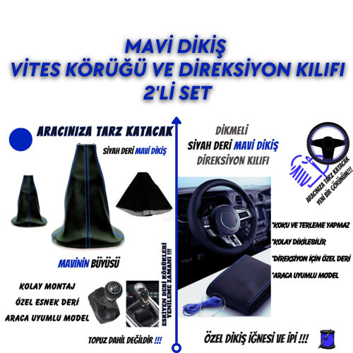 RENAULT Megane Sedan 1.5L dCi 6MT Uyumlu Mavi Dikiş Vites Körüğü ve Direksiyon Kılıfı 2'li Set
