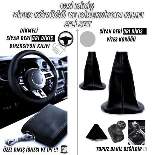 Nissan Qashqai (2014-2018) Uyumlu Siyah Deri Gri Dikiş Direksiyon Kılıfı ve Vites Körüğü 2'li Set