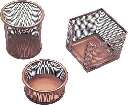Perfore a Üstü Metal Üçlü Set (Kalemlik, Ataşlık, Küp Blok) Desk Organizer Rose Gold