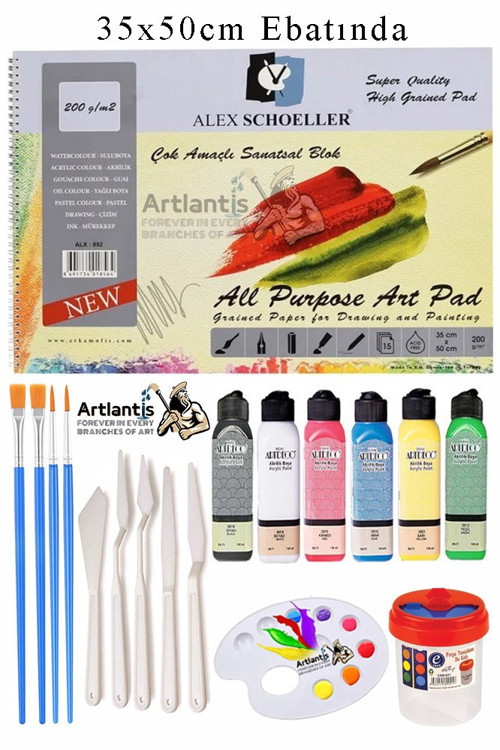 Alex Schoeller Çok Amaçlı Sanatsal Blok 35x50 200 gr 15 Yaprak Artdeco 140 ml Akrilik Boya 6 Renk Plastik Spatula Fırça