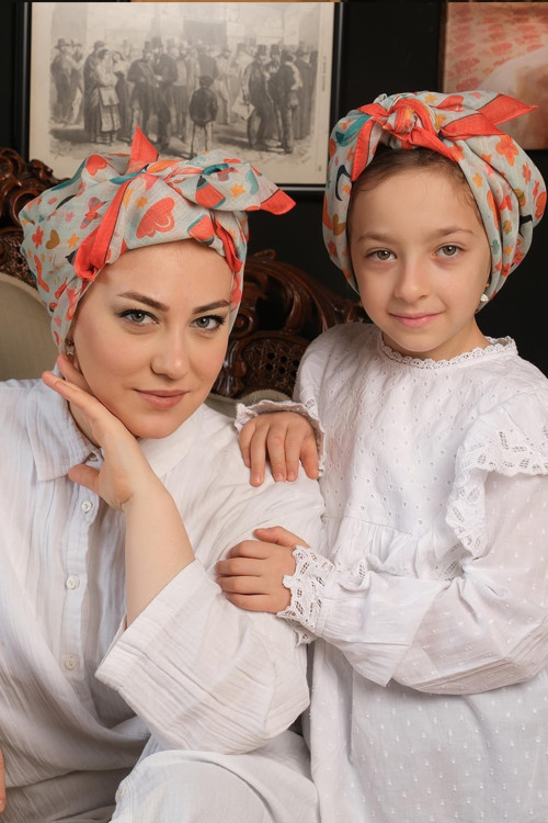 Kiremit Dijital Baskılı Anne Kız Kombin Tesettür Eşarp Pamuk Polyester Yıldız Desenli 6004_05