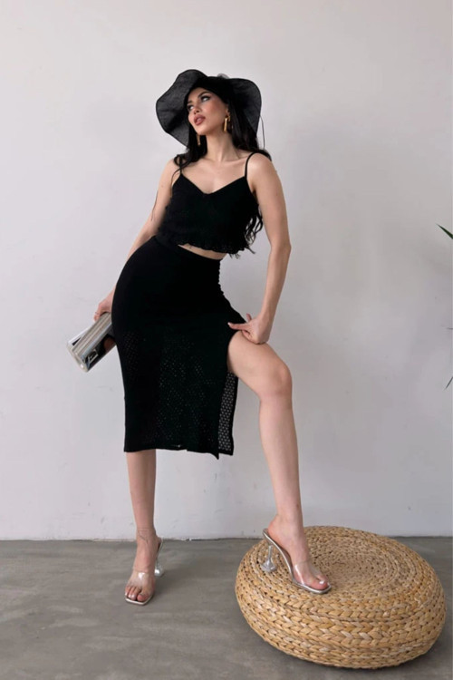 Kadın Askılı V Yaka Fırfır Detaylı Crop Bluz Ve Yırtmaçlı Midi Etek Alt-Üst Takım Siyah XL