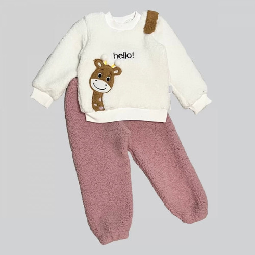 1-2-3 Yaş Hello Zürafa Nakışlı Kuzu Kumaş Sweat Pantolon Uzun Kollu Kız Erkek 2 Li Takımı
