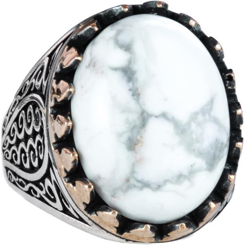 925 Ayar Katı Gümüş Erkek Yüzük, Doğal Taşlarla - El Yapımı Zarafet (Howlite Taşı)